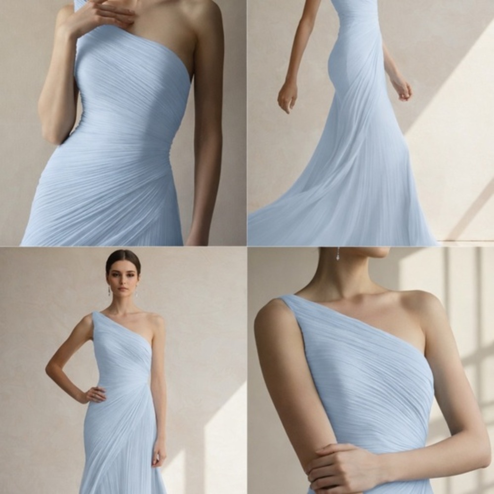 Asymmetric One-Shoulder Light Blue Pleated Evening Dress